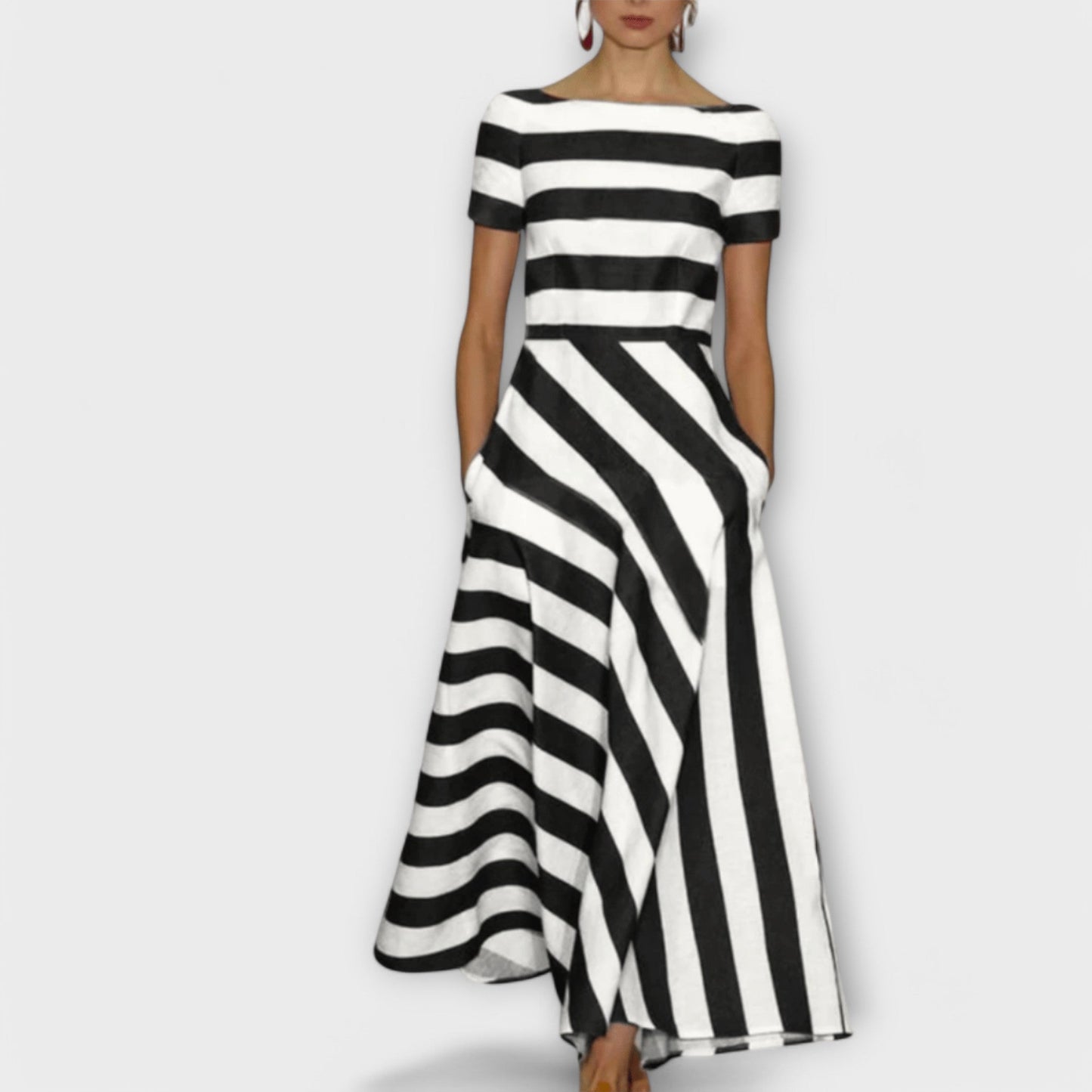 Vestido Largo Mujer Rayas Cuello Barco Bolsillos