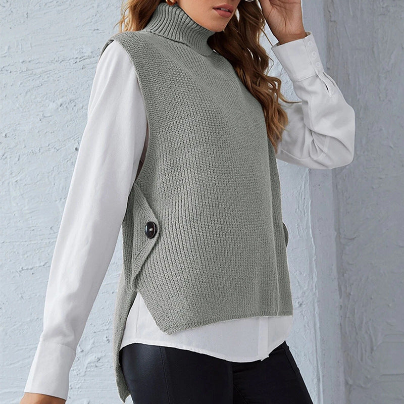 Chaleco Mujer de Piel Sintética Cuello Alto Botón Lateral