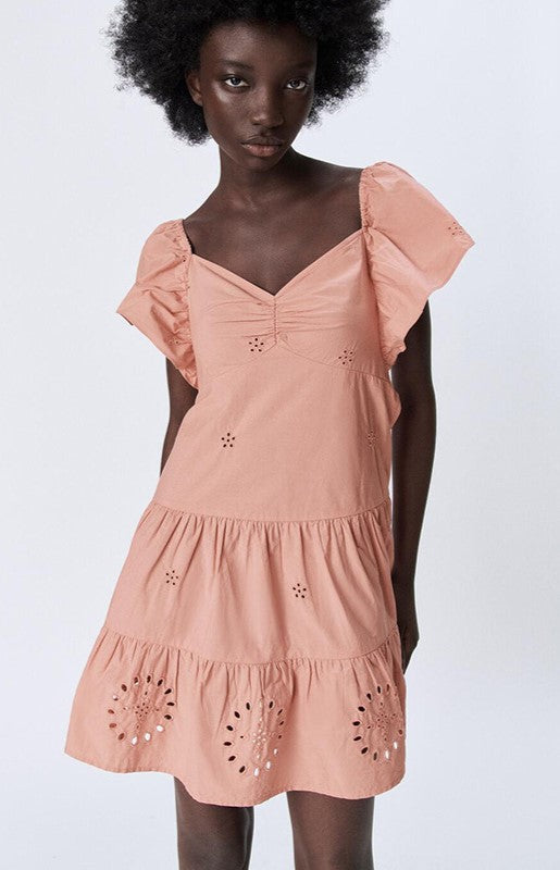Vestido Casual Mujer Bordado Cuello Semiabierto Manga Volantes - Mavetta
