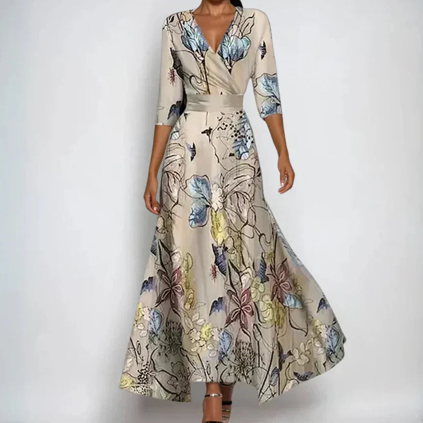 Vestido Largo Mujer Floral Gasa Escote en V Ajuste Envolvente