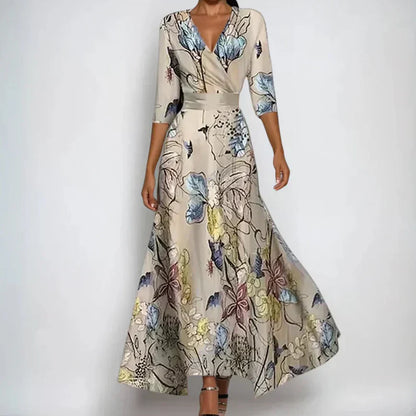 Vestido Largo Mujer Floral Gasa Escote en V Ajuste Envolvente