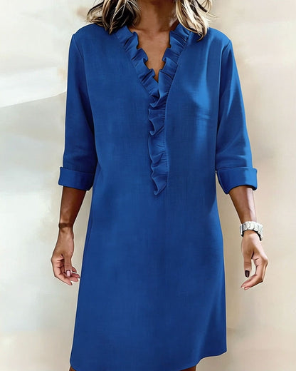 Vestido mujer lino algodón escote en V volantes casual