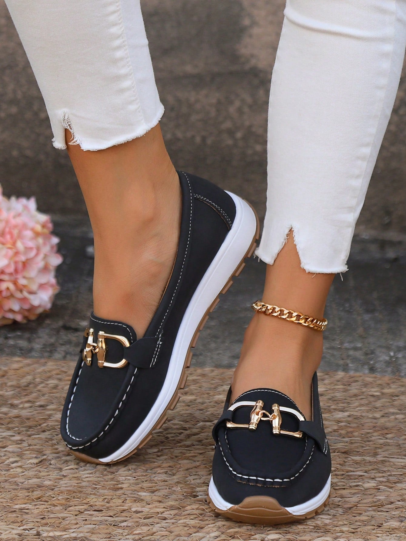 Mocasines Mujer Planos Hebilla Eslabones Suela Goma