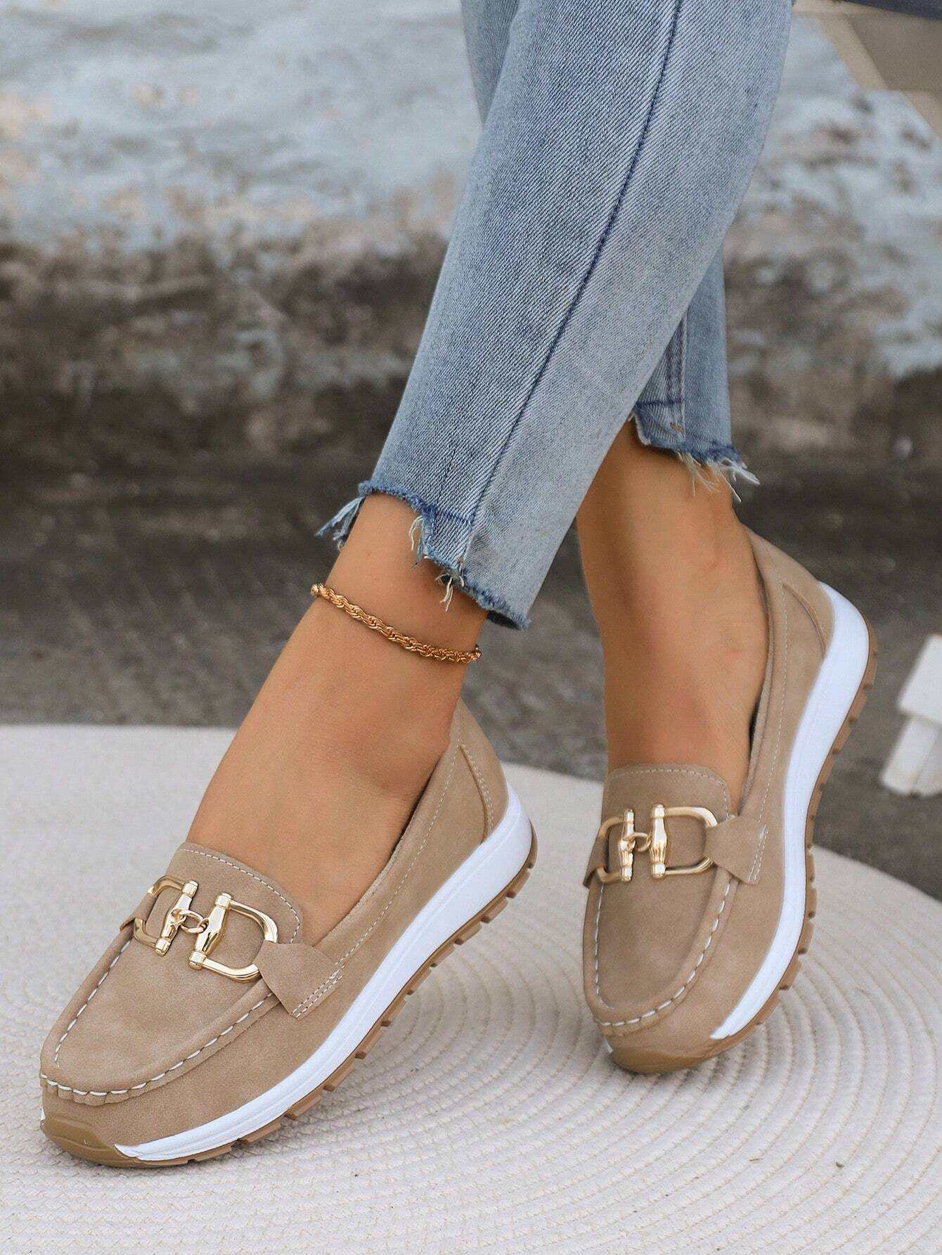 Mocasines Mujer Planos Hebilla Eslabones Suela Goma
