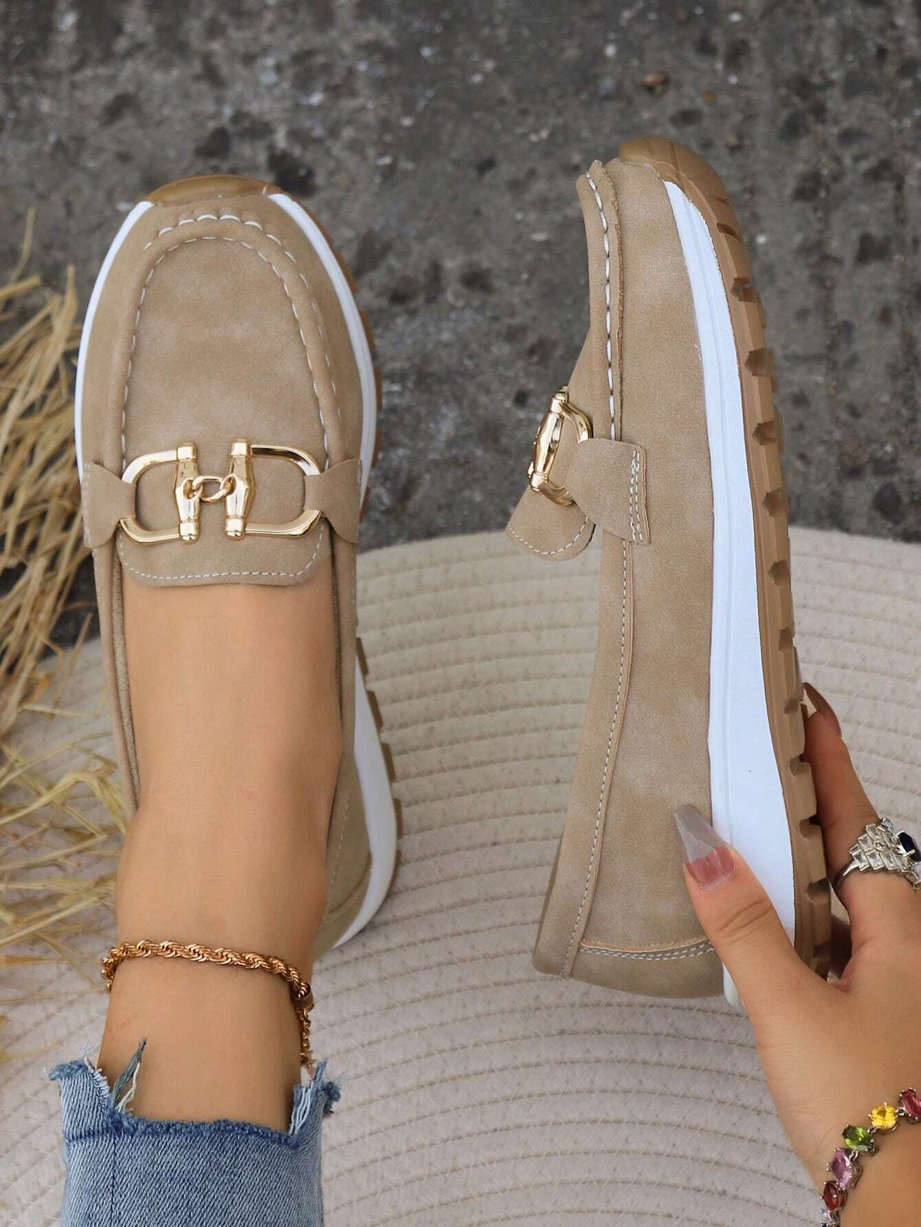 Mocasines Mujer Planos Hebilla Eslabones Suela Goma