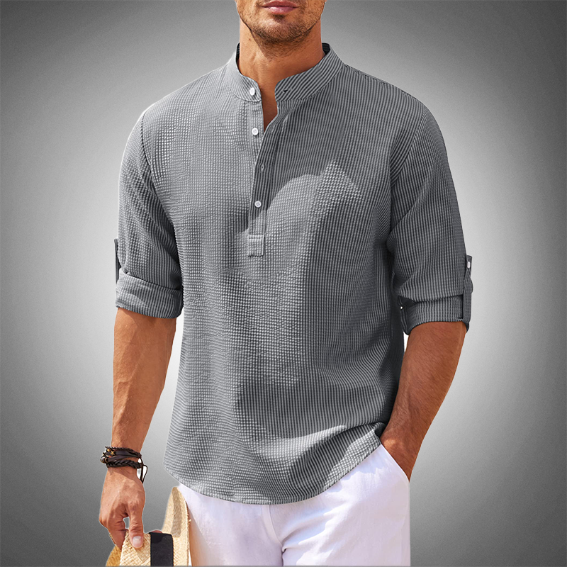 Camisa Hombre Textura Manga Larga Cuello Mao