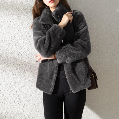 Chaqueta Mujer Teddy Cuello Alto Cremallera Moderna