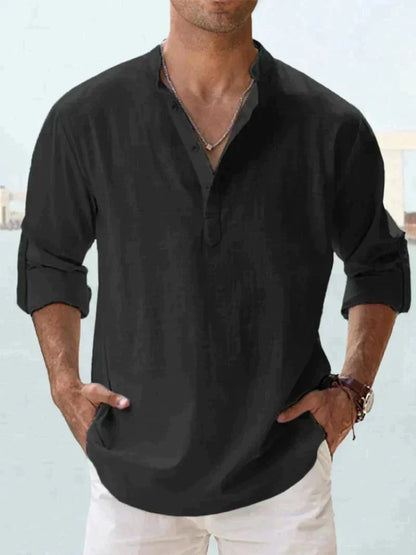Camisa Hombre Manga Larga Cuello Mao Corte Suelto