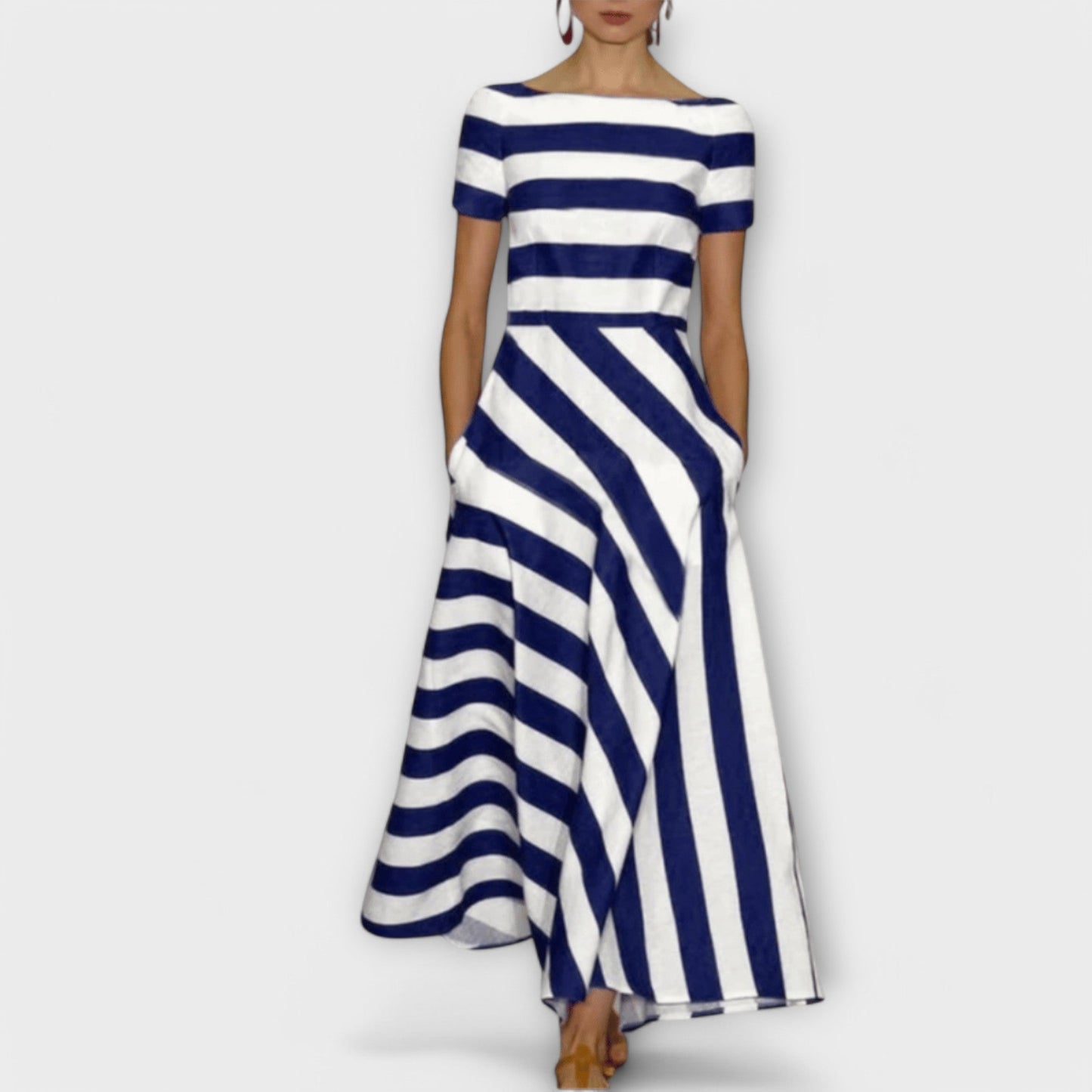 Vestido Largo Mujer Rayas Cuello Barco Bolsillos