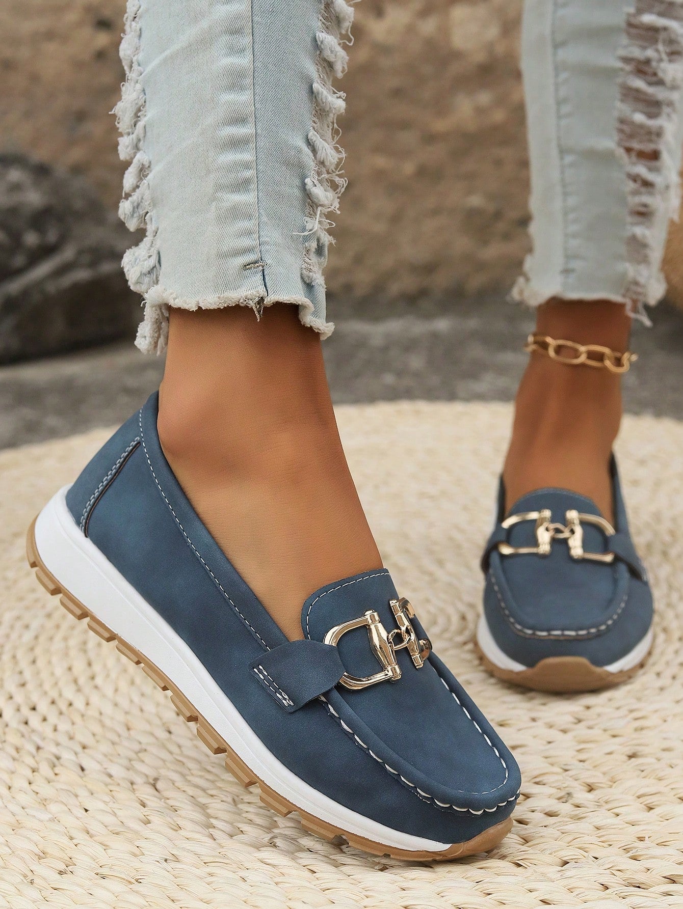 Mocasines Mujer Planos Hebilla Eslabones Suela Goma
