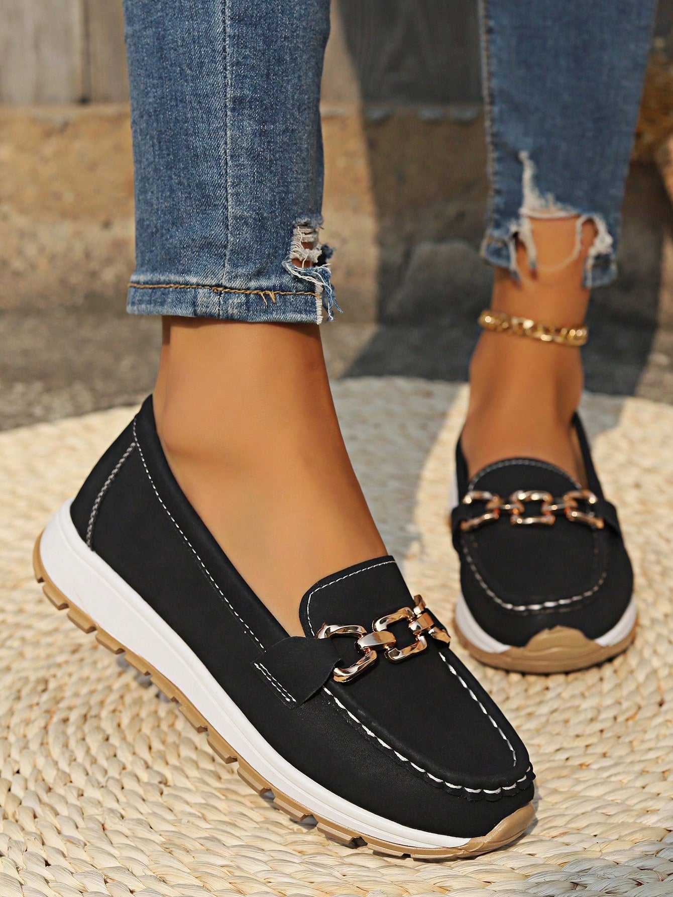 Mocasines Mujer Planos Hebilla Eslabones Suela Goma