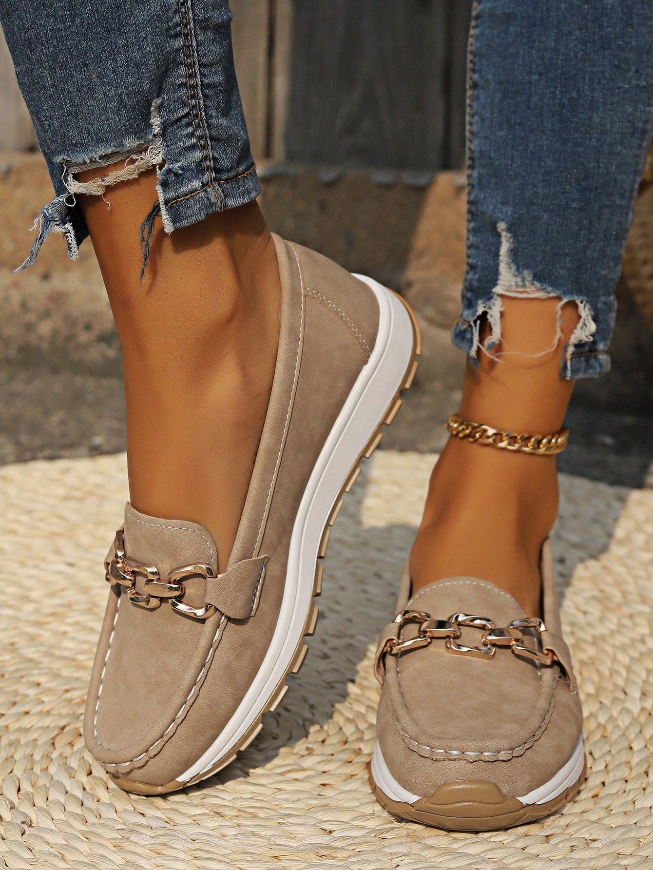 Mocasines Mujer Planos Hebilla Eslabones Suela Goma