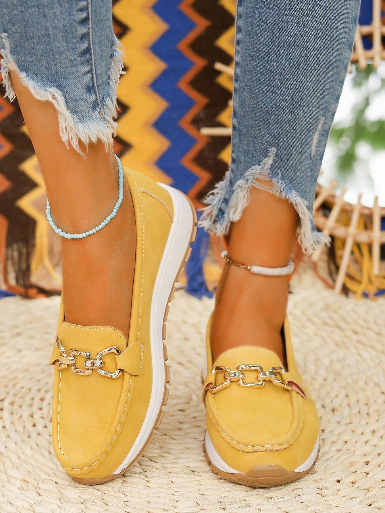 Mocasines Mujer Planos Hebilla Eslabones Suela Goma