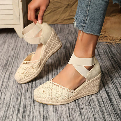 Zapatos Mujer de Cuña con Crochet y Tira Elástica en Tobillo