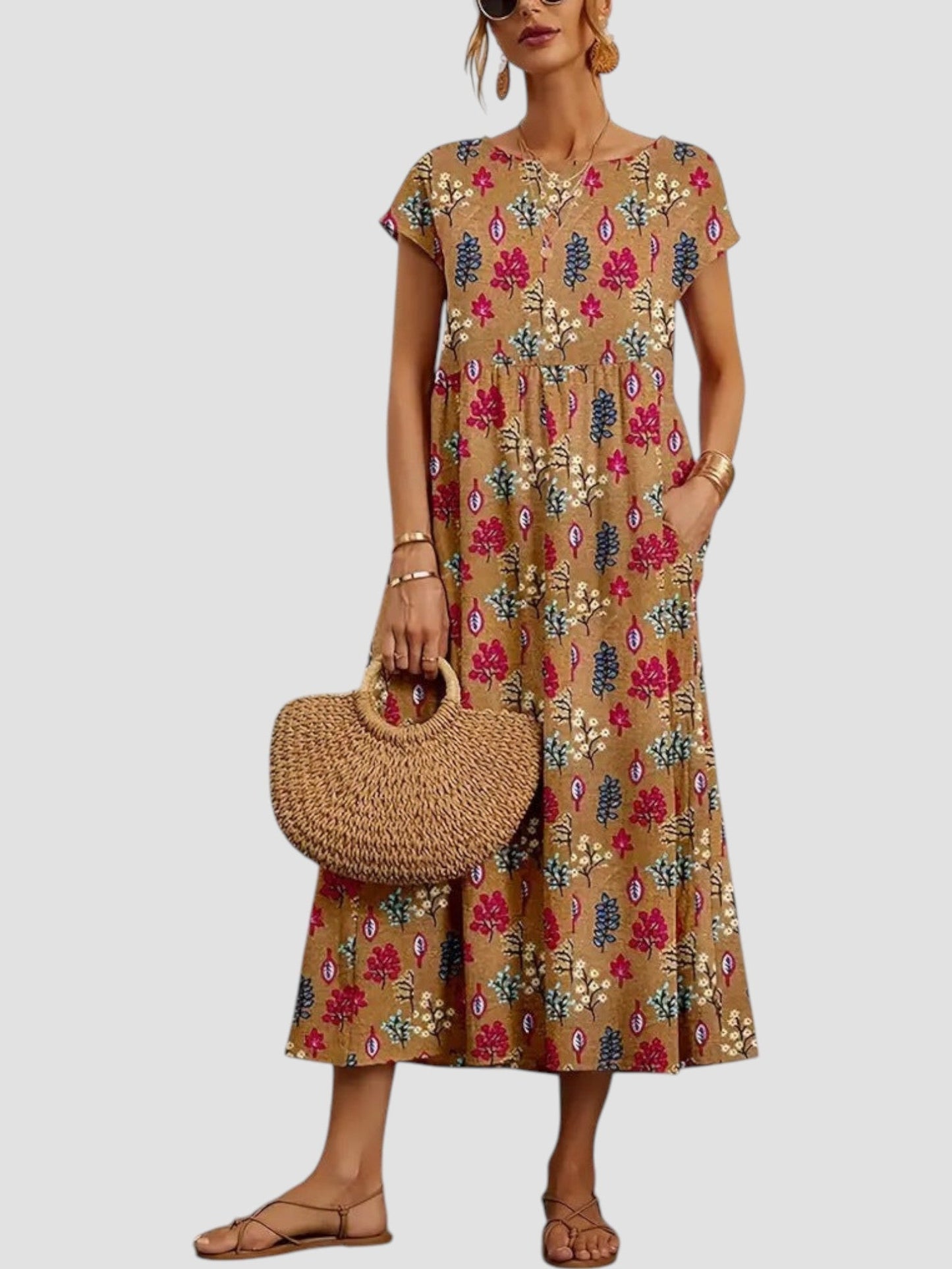 Vestido midi mujer de verano con bolsillos y estampado