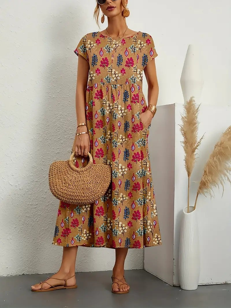 Vestido Midi Mujer Fluido Estampado Manga Corta