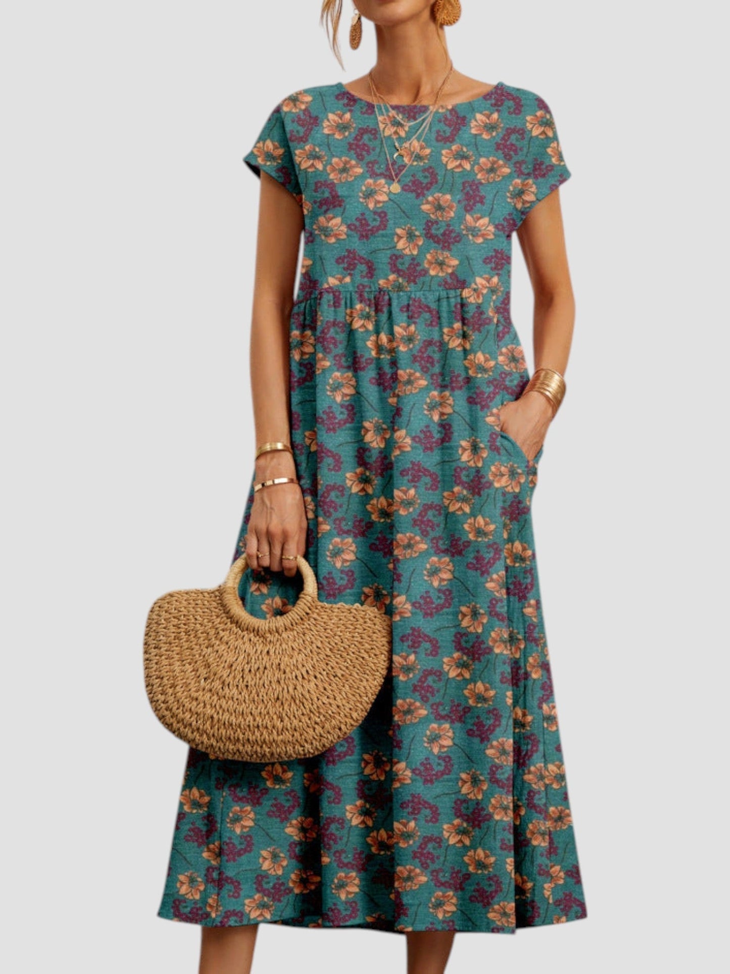 Vestido midi mujer de verano con bolsillos y estampado