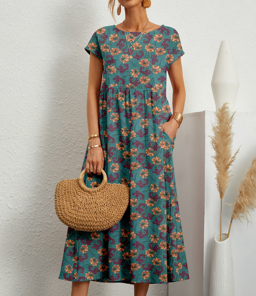 Vestido Midi Mujer Fluido Estampado Manga Corta