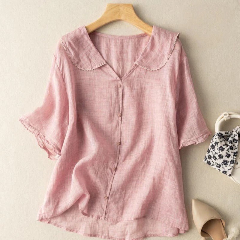 Blusa Mujer de Lino Cuello Festoneado Botones Estilo Vintage