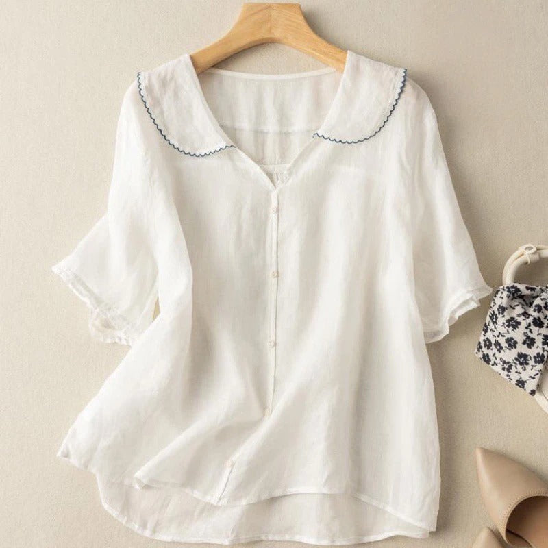 Blusa Mujer de Lino Cuello Festoneado Botones Estilo Vintage