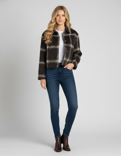 Chaqueta Corta Mujer de Cuadros con Botones y Cuello Camisero