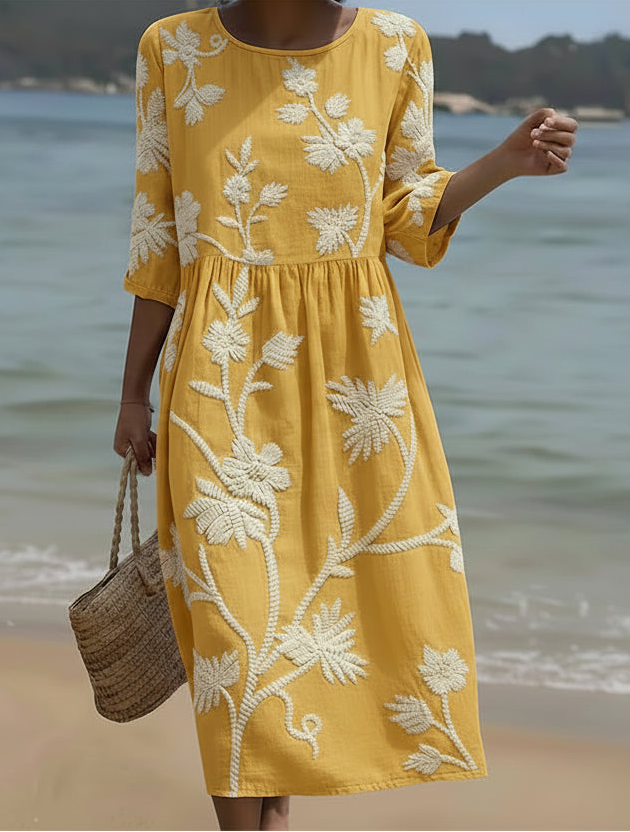 Vestido midi mujer de tela ligera estampado floral y vegetal - Mavetta