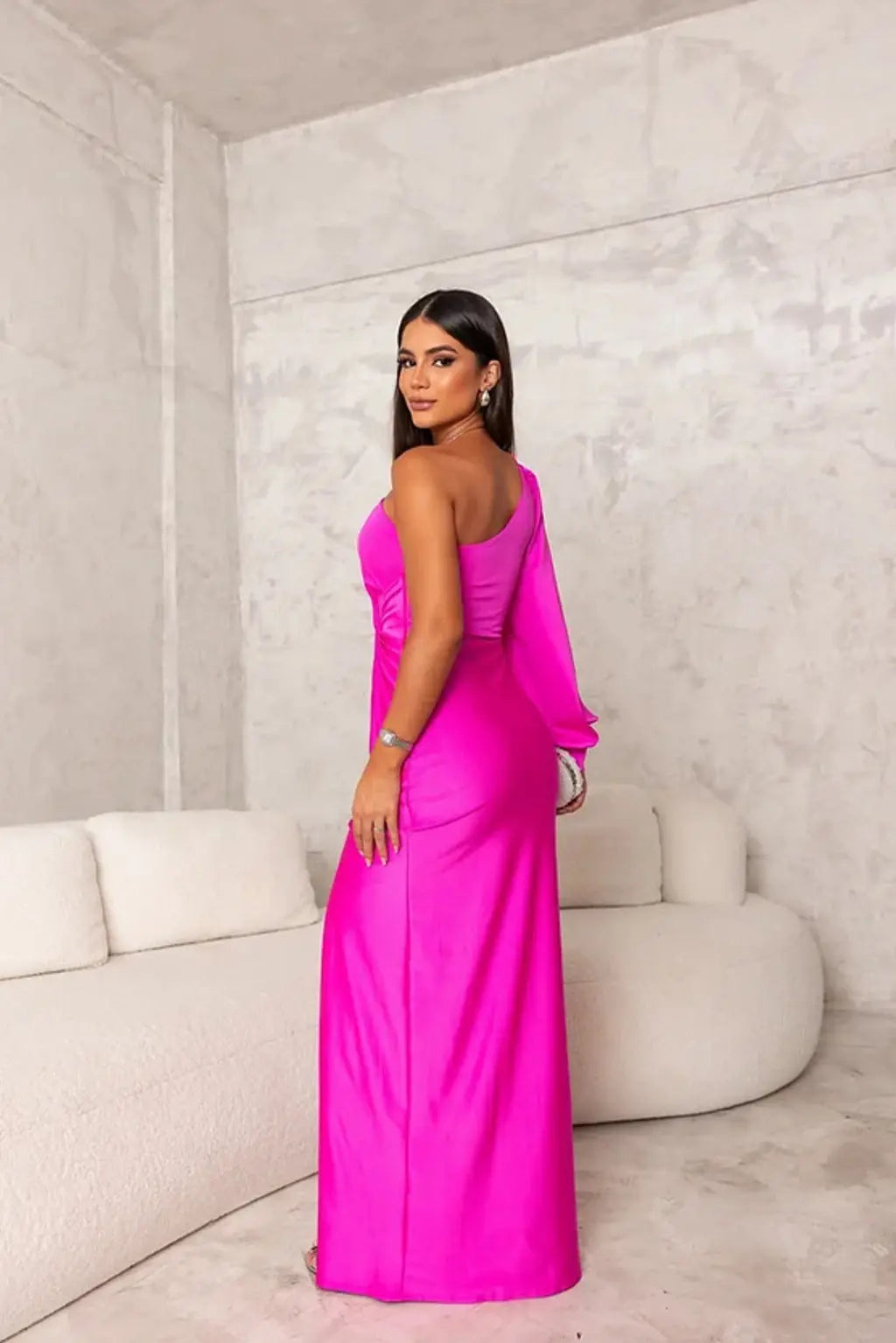 Vestido maxi mujer de satén drapeado un hombro