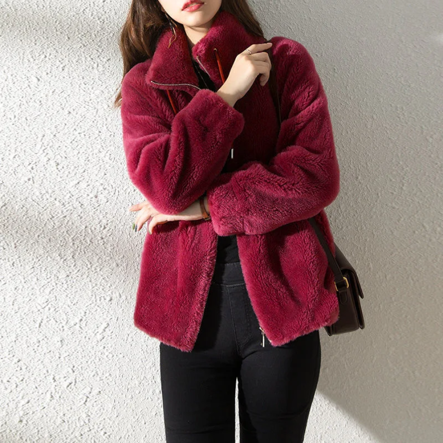 Chaqueta Mujer Teddy Cuello Alto Cremallera Moderna