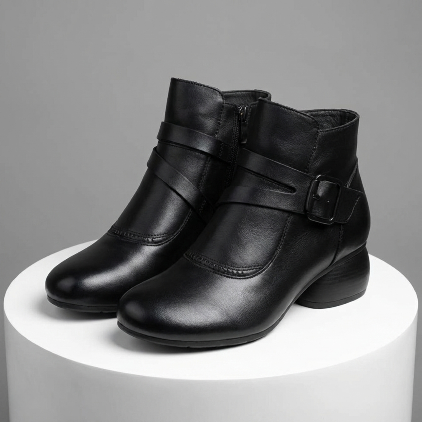 Botines Mujer Piel Hebilla Tacón Bajo Estilo Casual