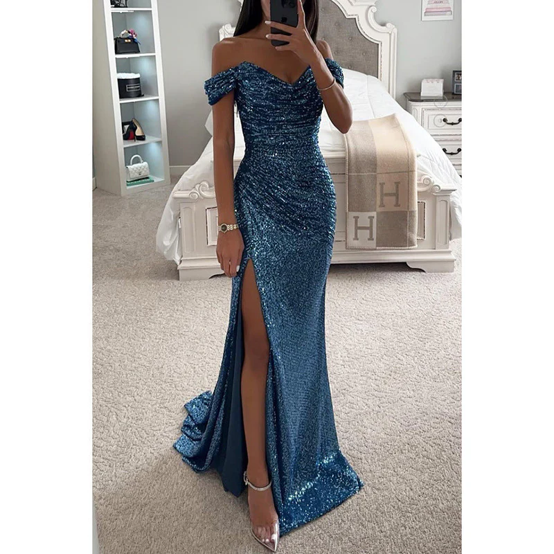 Vestido maxi Mujer de Lentejuelas Escote off-shoulder Abertura alta