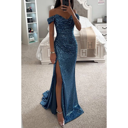 Vestido maxi Mujer de Lentejuelas Escote off-shoulder Abertura alta