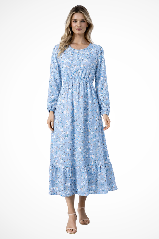 Vestido maxi mujer de tela fluida con cintura alta y mangas largas - Mavetta