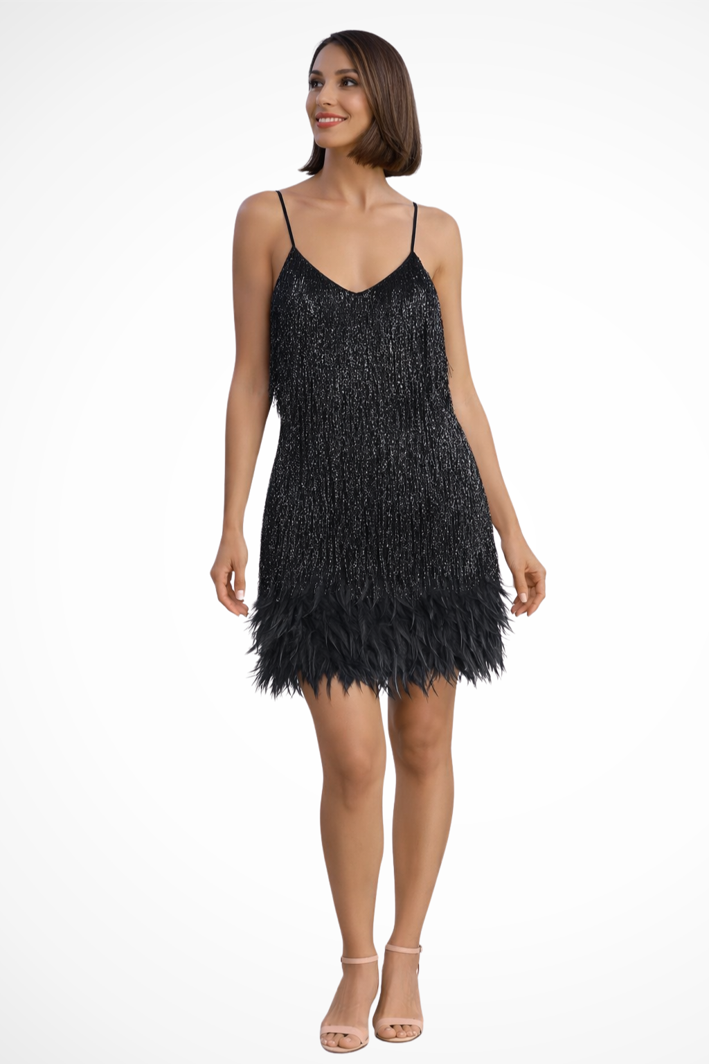 Vestido Cóctel Mujer sin Mangas con Detalle de Flecos