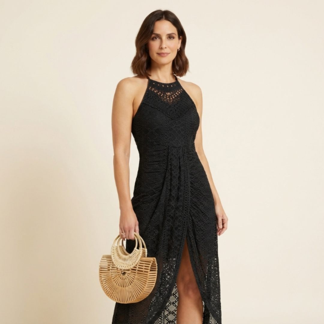 Vestido midi Mujer de Encaje Halter con Abertura Frontal - Mavetta