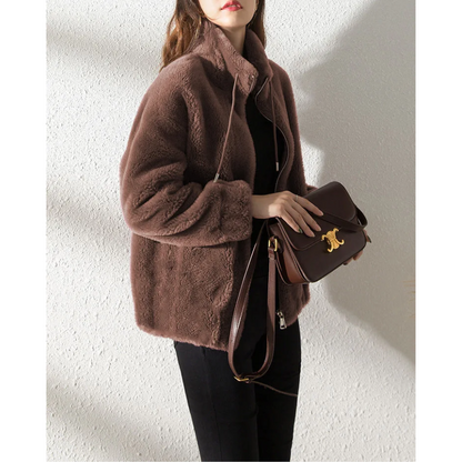 Chaqueta Mujer Teddy Cuello Alto Cremallera Moderna