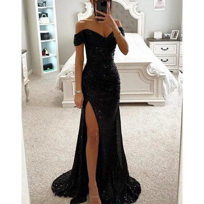 Vestido maxi Mujer de Lentejuelas Escote off-shoulder Abertura alta