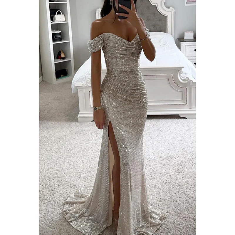 Vestido maxi Mujer de Lentejuelas Escote off-shoulder Abertura alta