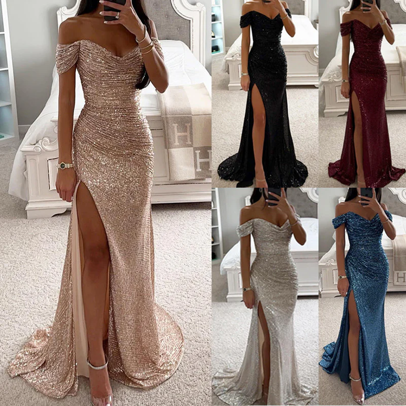 Vestido maxi Mujer de Lentejuelas Escote off-shoulder Abertura alta