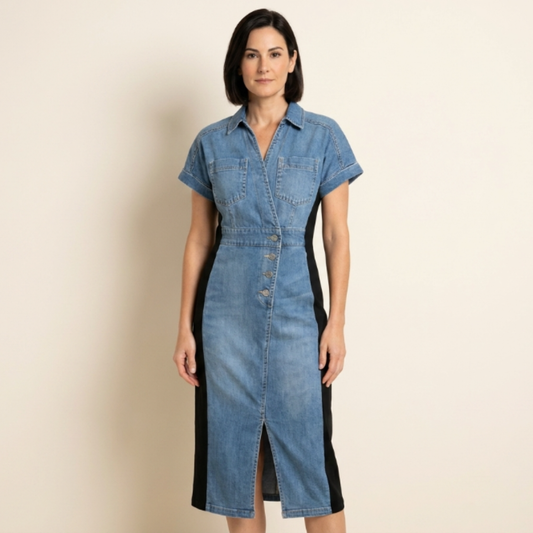 Vestido Mujer Denim Patchwork Ajuste Estilizador Paneles Laterales - Mavetta