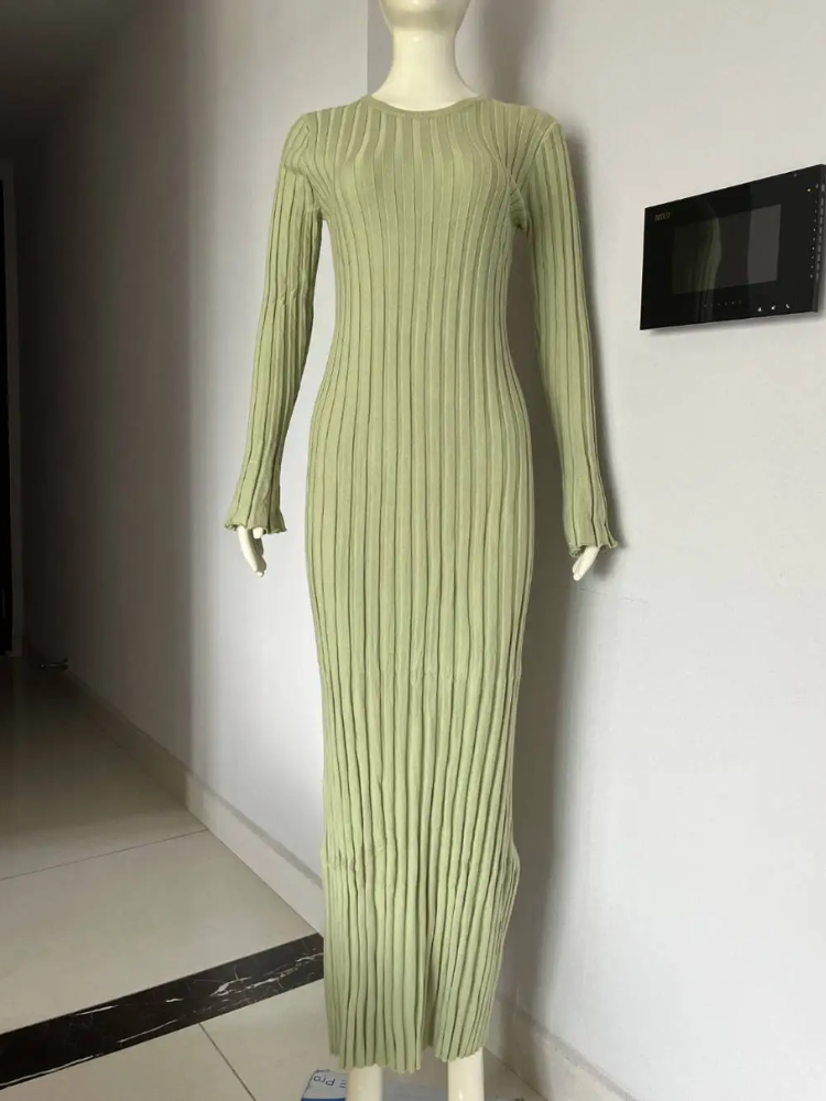 Vestido largo mujer de plumeti tejido elástico ajustado plisado