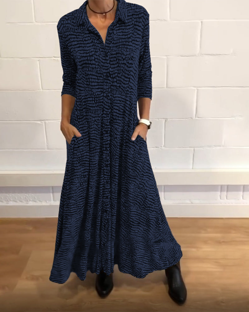 Vestido Midi Mujer Manga Media Cuello Camisa Bolsillos Laterales