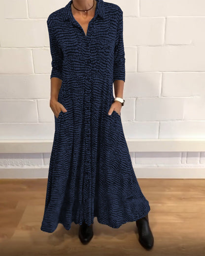 Vestido Midi Mujer Manga Media Cuello Camisa Bolsillos Laterales