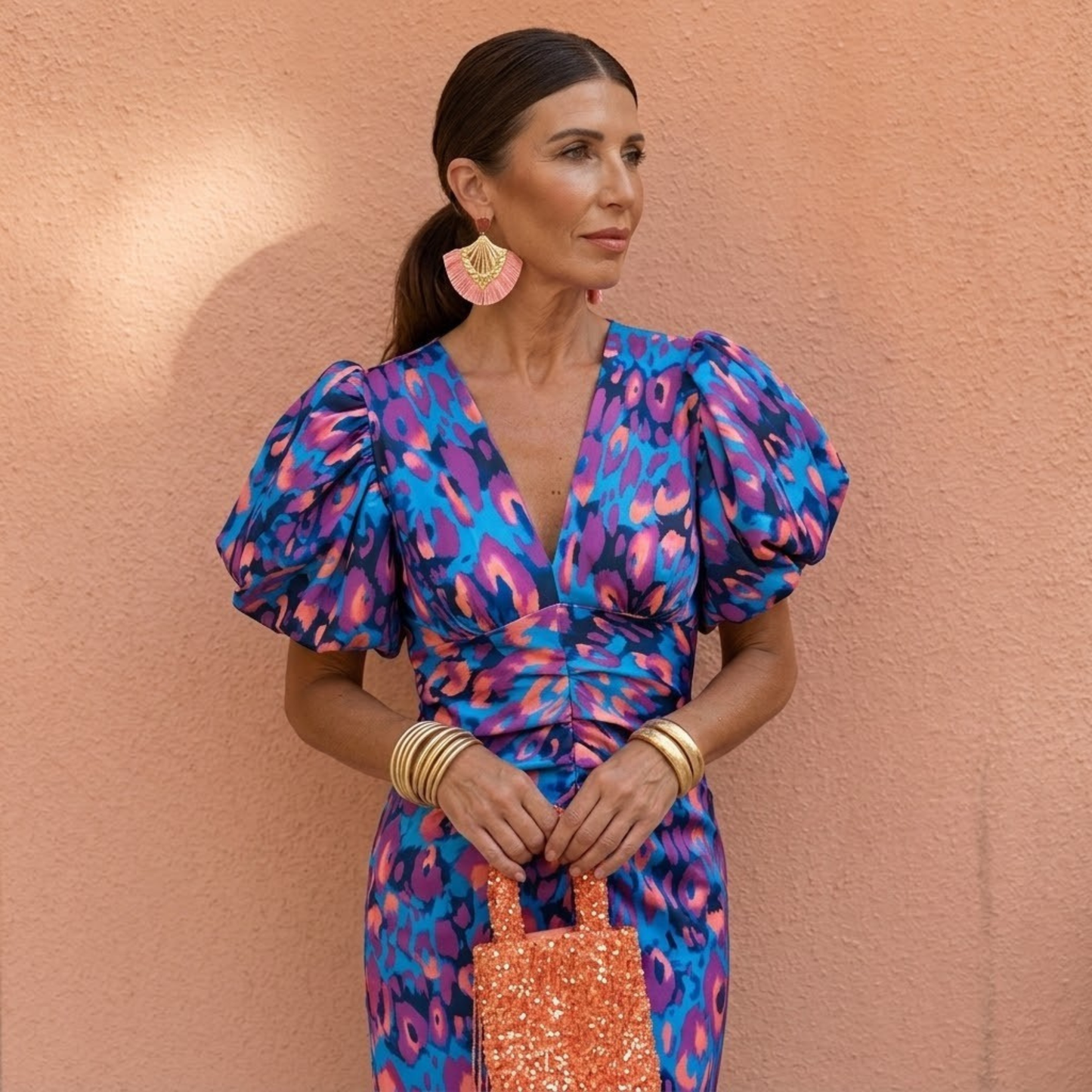 Vestido mujer escote en V mangas abullonadas estilo femenino