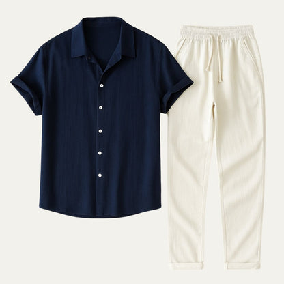 Conjunto Hombre de Lino Camisa Manga Corta Pantalón Cordón