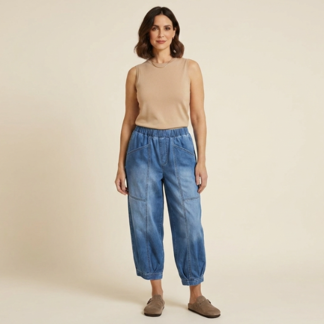 Pantalones Vaqueros Mujer Cintura Elástica Corte Cropped Holgado - Mavetta