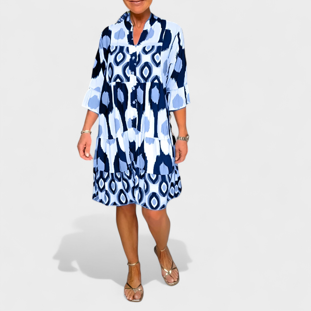 Vestido mujer estampado ikat geométrico cuello en V manga acampanada