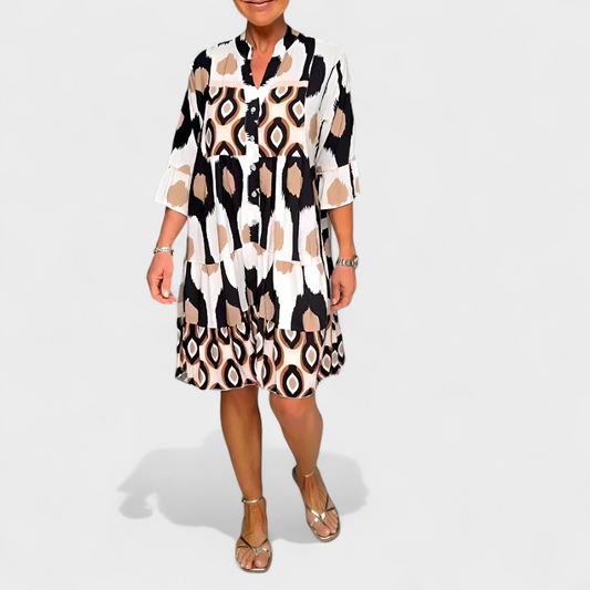 Vestido mujer estampado ikat geométrico cuello en V manga acampanada - Mavetta