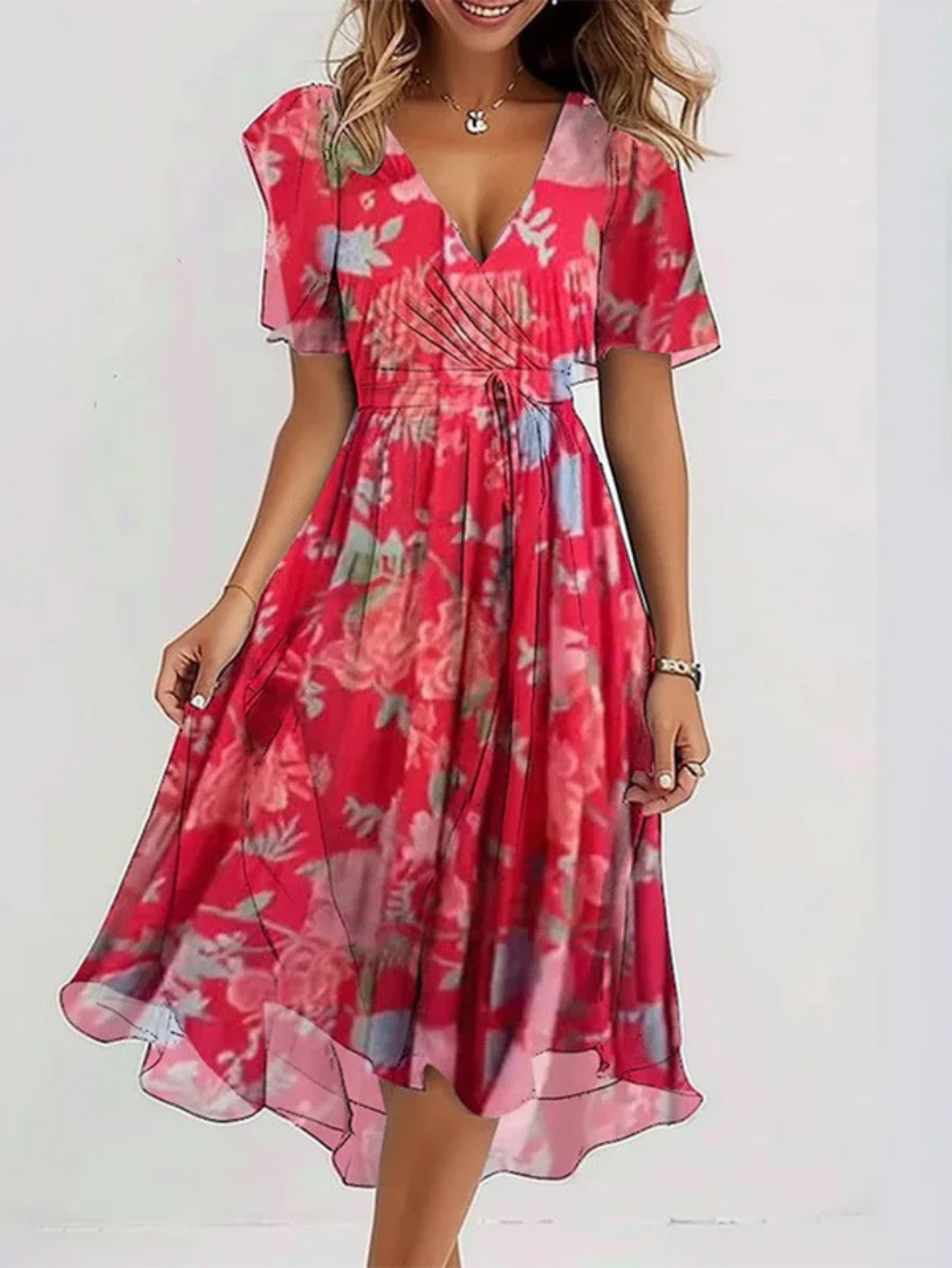 Vestido verano mujer escote en V cruzado falda fluida cintura