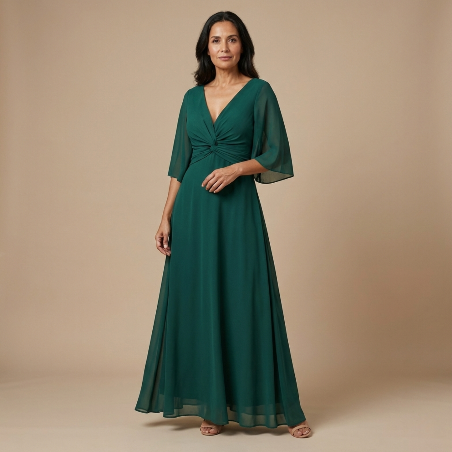 Vestido Largo Mujer Fluido Escote en V Detalle Fruncido - Mavetta