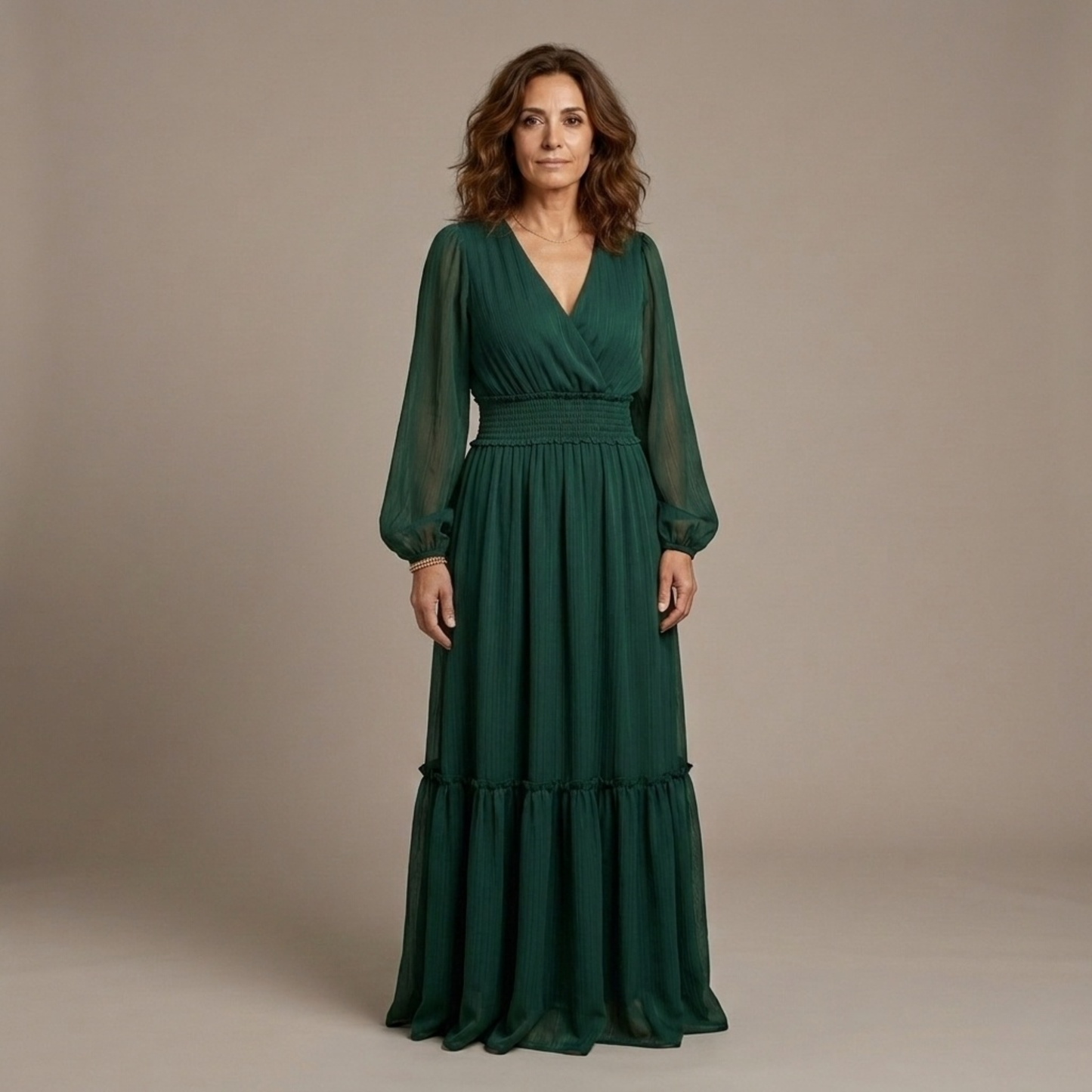 Vestido Largo Mujer Fluido Escote en V Manga Larga - Mavetta